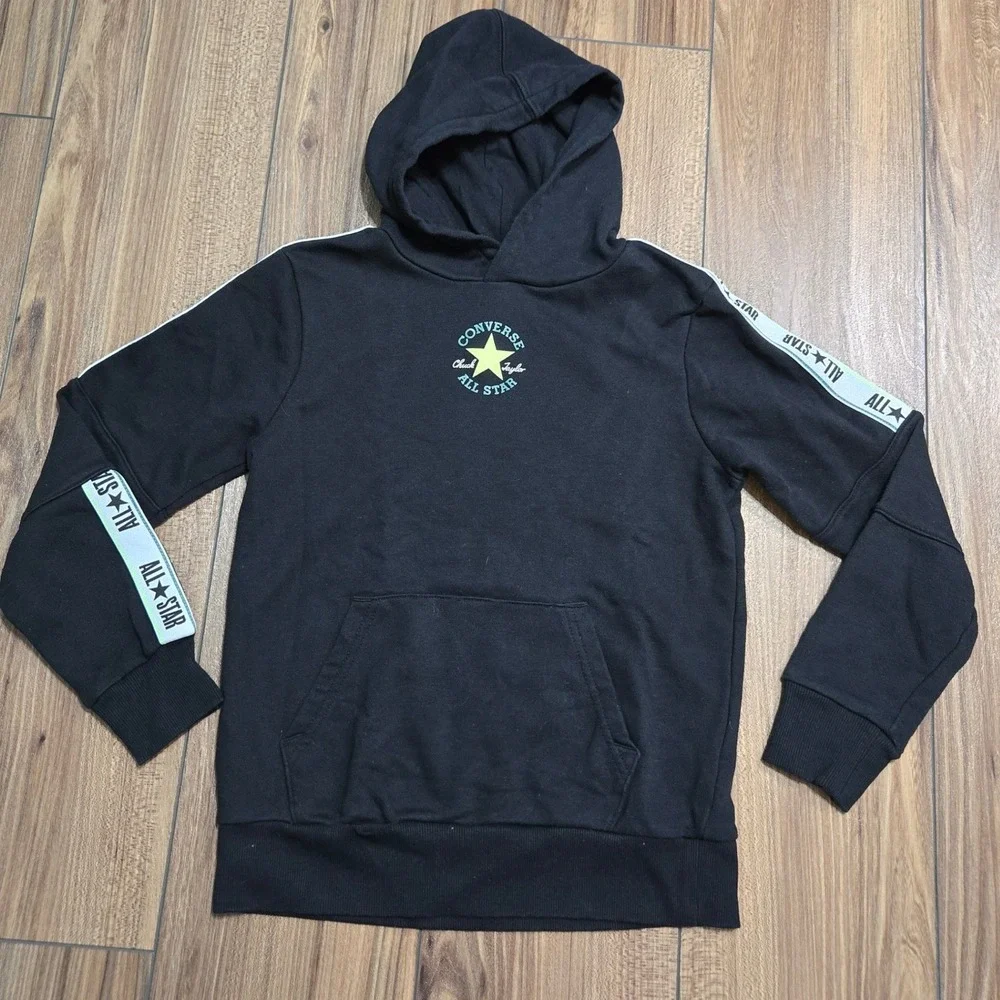 Converse All Star Kids Black Pullover Hoodie Chuck Taylor Logo Tape Size M 10-12